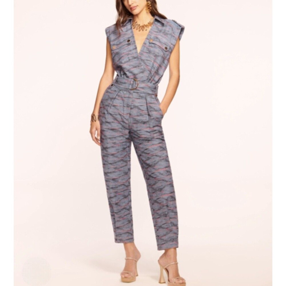 RAMY BROOK Aviana Utility Belted Jumpsuit Indigo Ikat L Preppy Party Nightout